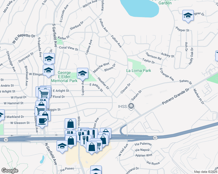 map of restaurants, bars, coffee shops, grocery stores, and more near 2064 Heather Drive in Monterey Park