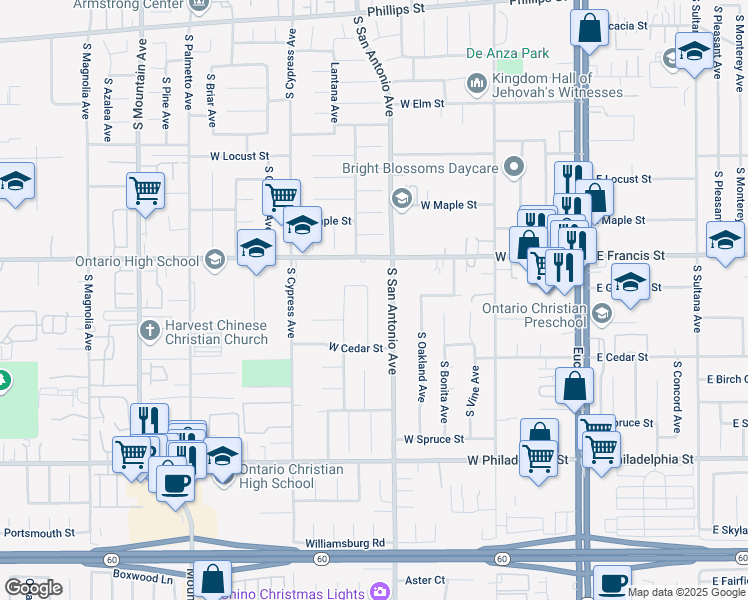 map of restaurants, bars, coffee shops, grocery stores, and more near 1855 Holly Avenue in Ontario