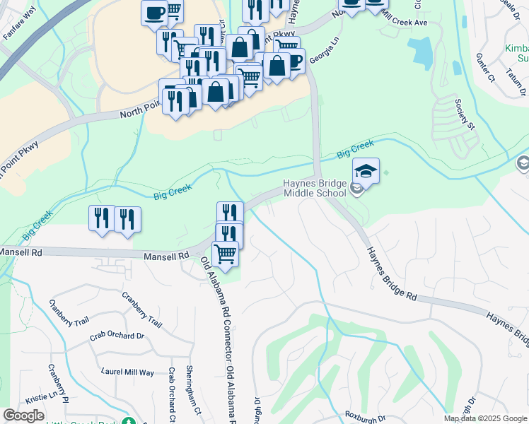 map of restaurants, bars, coffee shops, grocery stores, and more near 4555 Mansell Road in Alpharetta