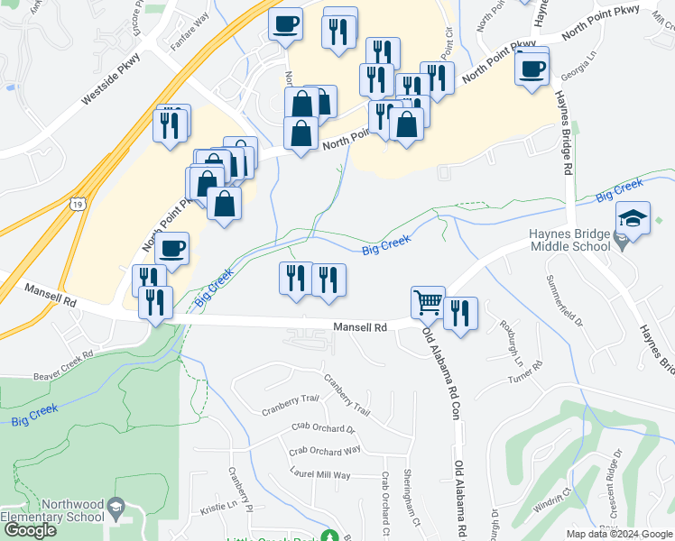 map of restaurants, bars, coffee shops, grocery stores, and more near 3650 Mansell Road in Alpharetta