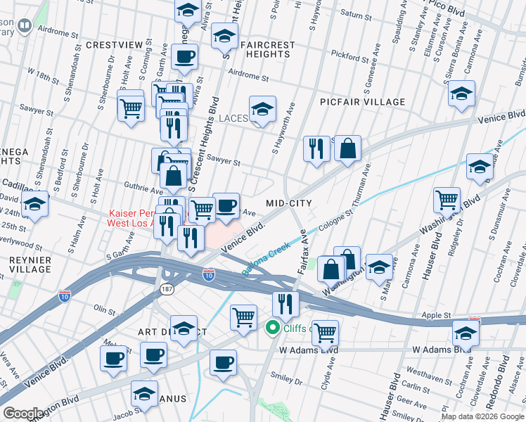 map of restaurants, bars, coffee shops, grocery stores, and more near 5941 Venice Boulevard in Los Angeles
