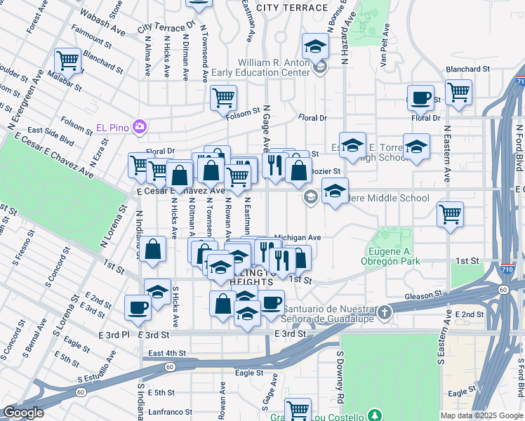 map of restaurants, bars, coffee shops, grocery stores, and more near 309 North Gage Avenue in Los Angeles