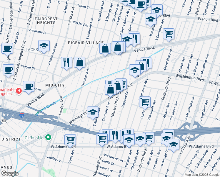 map of restaurants, bars, coffee shops, grocery stores, and more near 1921 Carmona Avenue in Los Angeles