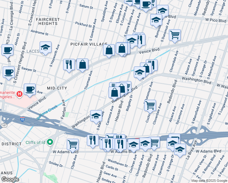 map of restaurants, bars, coffee shops, grocery stores, and more near 1921 Carmona Avenue in Los Angeles