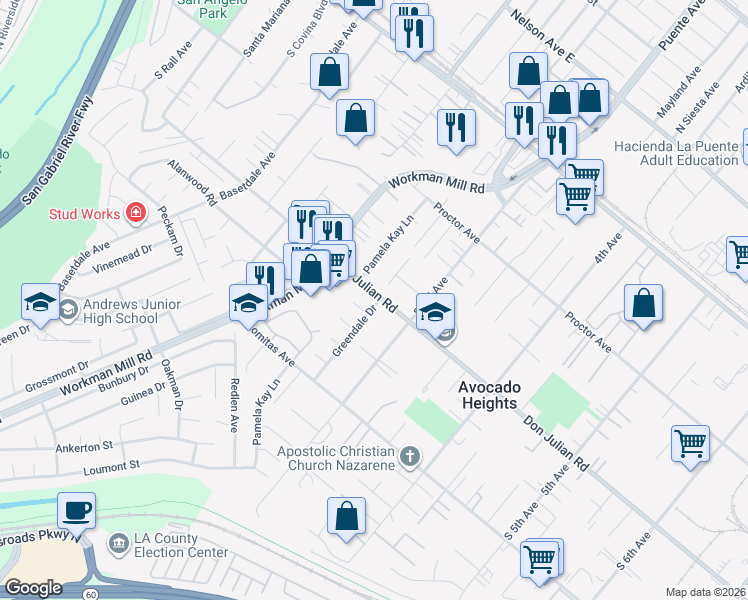 map of restaurants, bars, coffee shops, grocery stores, and more near 13714 Don Julian Road in La Puente