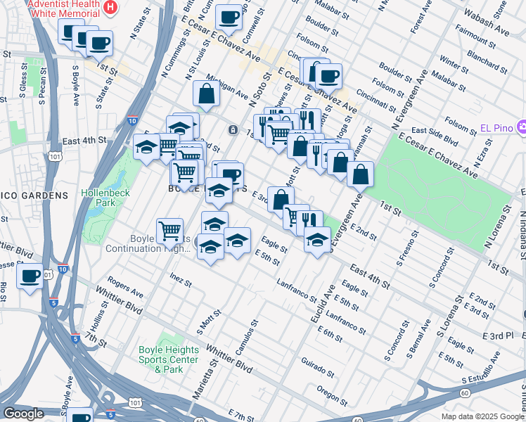 map of restaurants, bars, coffee shops, grocery stores, and more near 2603 East 4th Street in Los Angeles