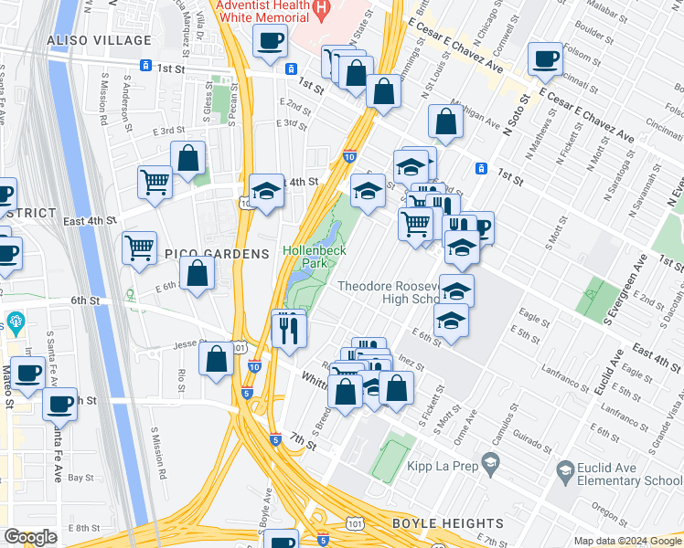 map of restaurants, bars, coffee shops, grocery stores, and more near 532 South Saint Louis Street in Los Angeles