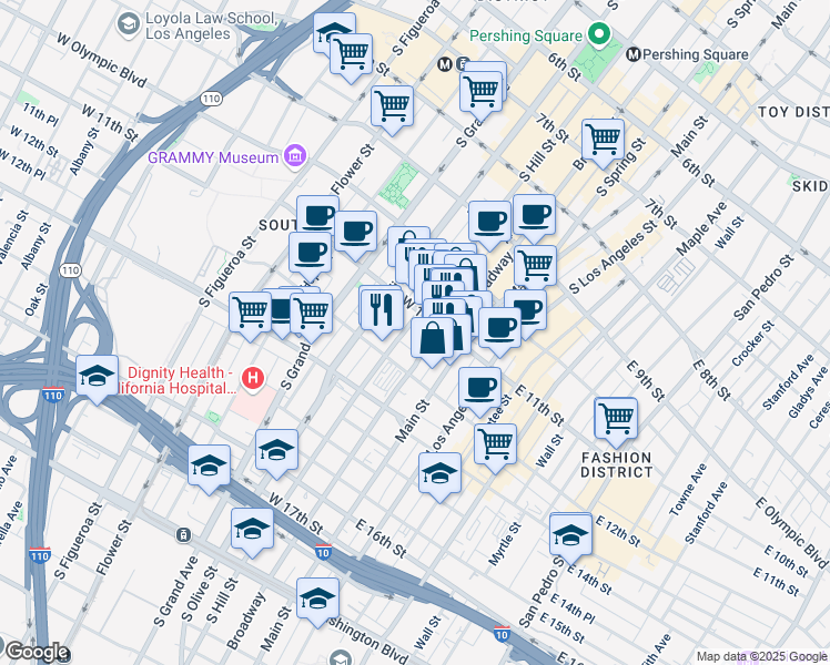 map of restaurants, bars, coffee shops, grocery stores, and more near 1108 South Hill Street in Los Angeles