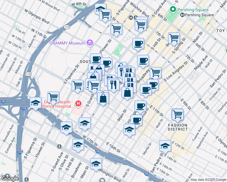 map of restaurants, bars, coffee shops, grocery stores, and more near 1174-1198 South Hill Street in Los Angeles
