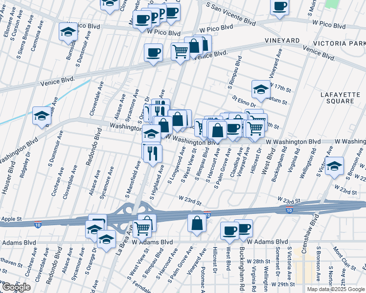 map of restaurants, bars, coffee shops, grocery stores, and more near 1900 South Longwood Avenue in Los Angeles