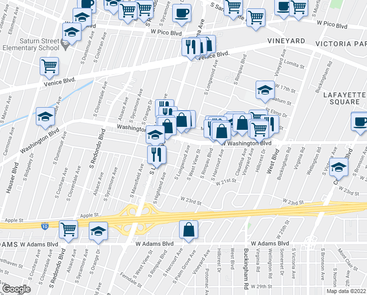 map of restaurants, bars, coffee shops, grocery stores, and more near 1900 South Longwood Avenue in Los Angeles