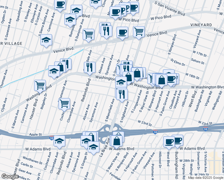 map of restaurants, bars, coffee shops, grocery stores, and more near 2006 South Orange Drive in Los Angeles