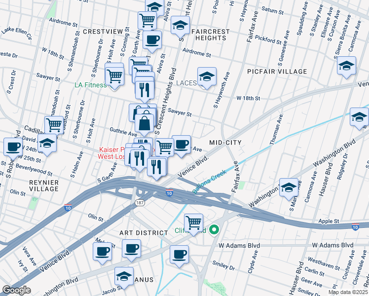 map of restaurants, bars, coffee shops, grocery stores, and more near 2007 South Point View Street in Los Angeles