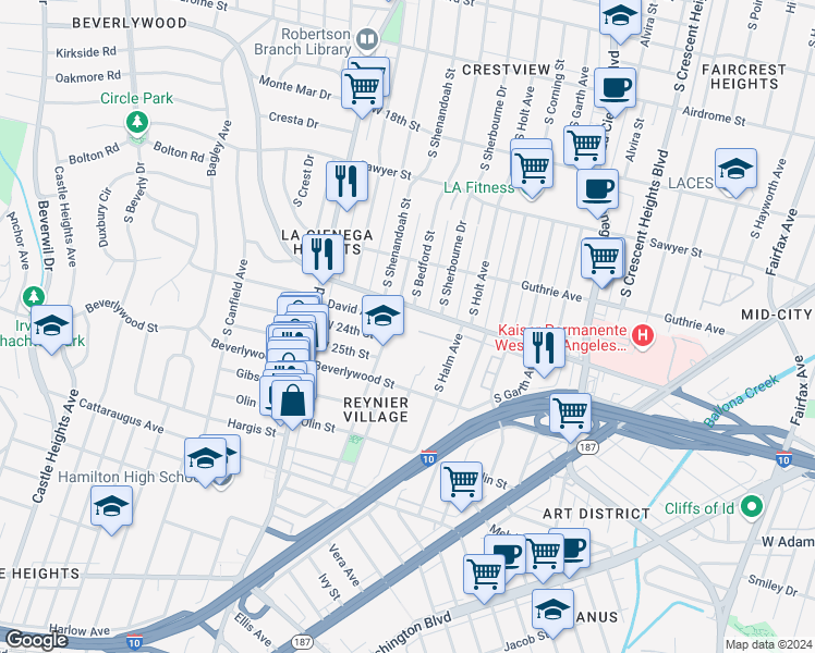 map of restaurants, bars, coffee shops, grocery stores, and more near 2410 South Shenandoah Street in Los Angeles