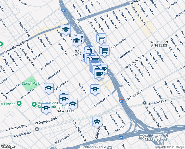 map of restaurants, bars, coffee shops, grocery stores, and more near 11315 Mississippi Avenue in Los Angeles