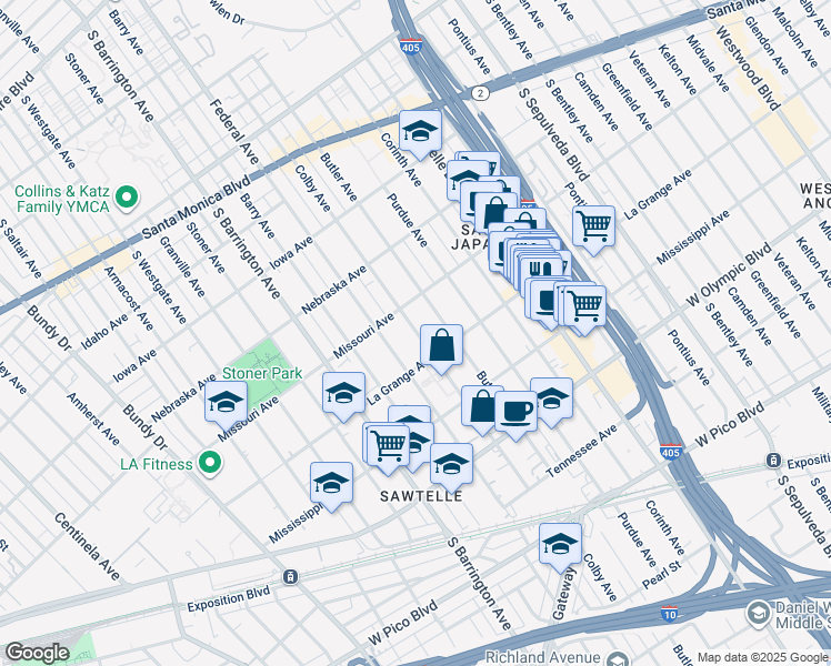 map of restaurants, bars, coffee shops, grocery stores, and more near 1936 Colby Avenue in Los Angeles