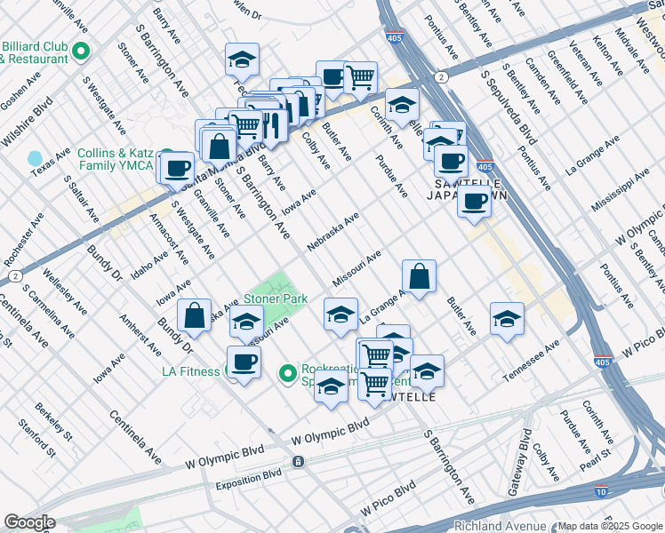 map of restaurants, bars, coffee shops, grocery stores, and more near 1824 South Barrington Avenue in Los Angeles
