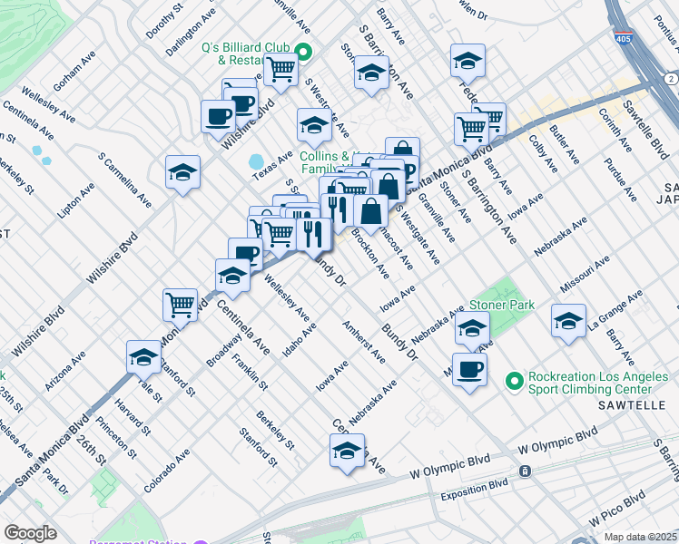 map of restaurants, bars, coffee shops, grocery stores, and more near 1558 South Bundy Drive in Los Angeles