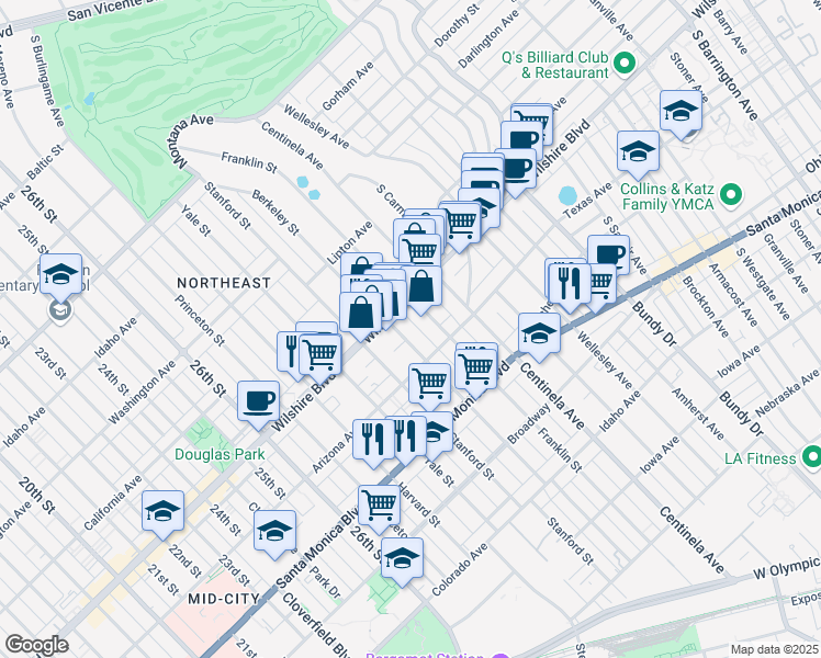 map of restaurants, bars, coffee shops, grocery stores, and more near 1226 Franklin Street in Santa Monica