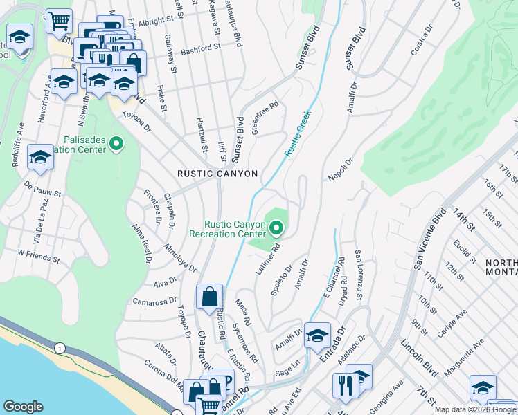 map of restaurants, bars, coffee shops, grocery stores, and more near 640 Hightree Road in Santa Monica