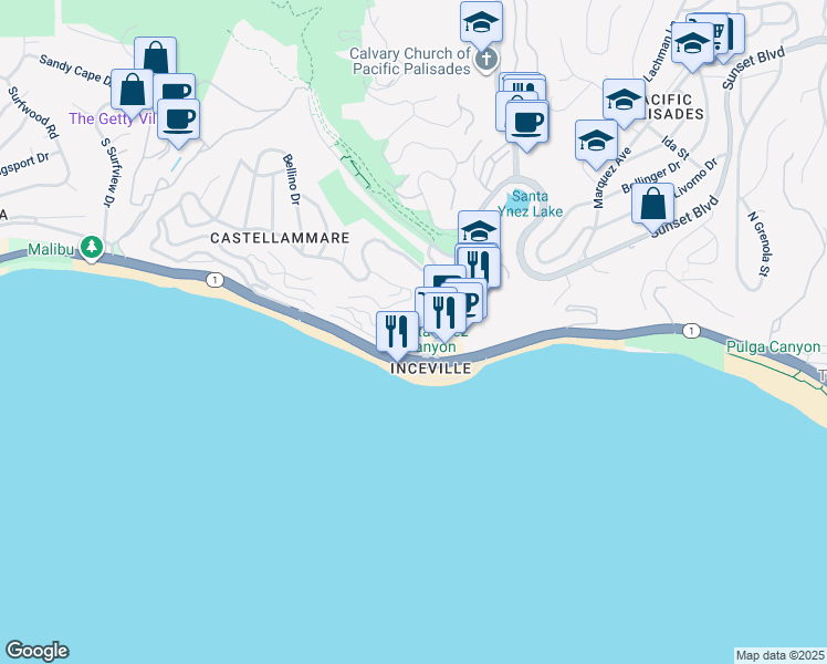 map of restaurants, bars, coffee shops, grocery stores, and more near 17385 Sunset Boulevard in Los Angeles