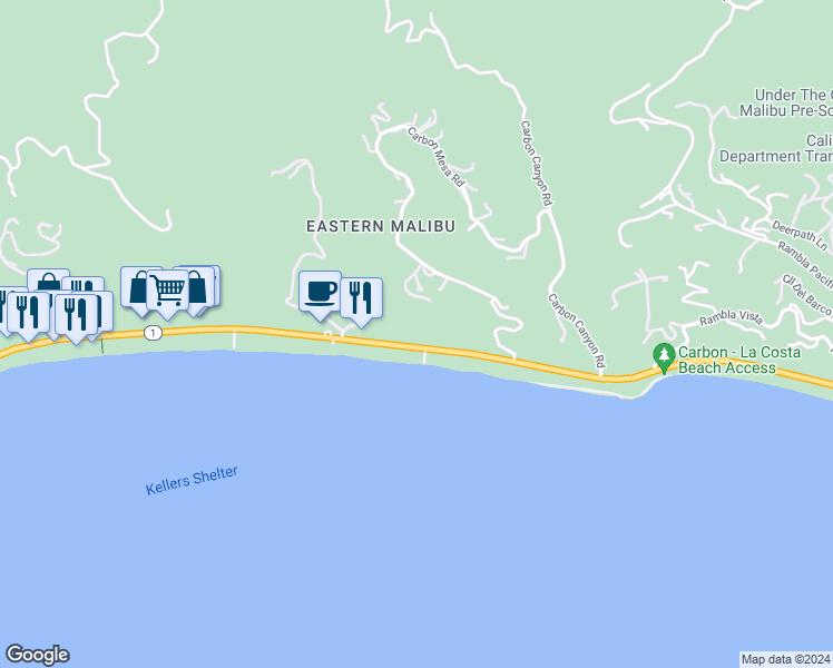 map of restaurants, bars, coffee shops, grocery stores, and more near 22159 Pacific Coast Highway in Malibu