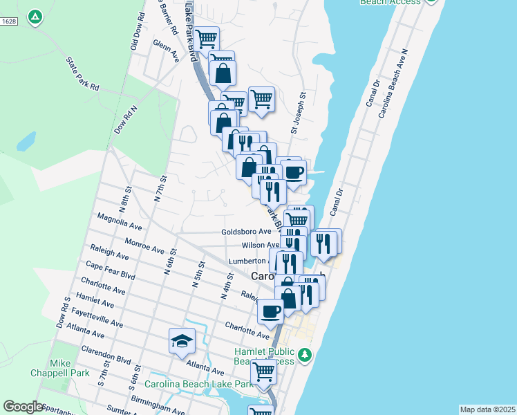 map of restaurants, bars, coffee shops, grocery stores, and more near 201-205 Winner Avenue in Carolina Beach