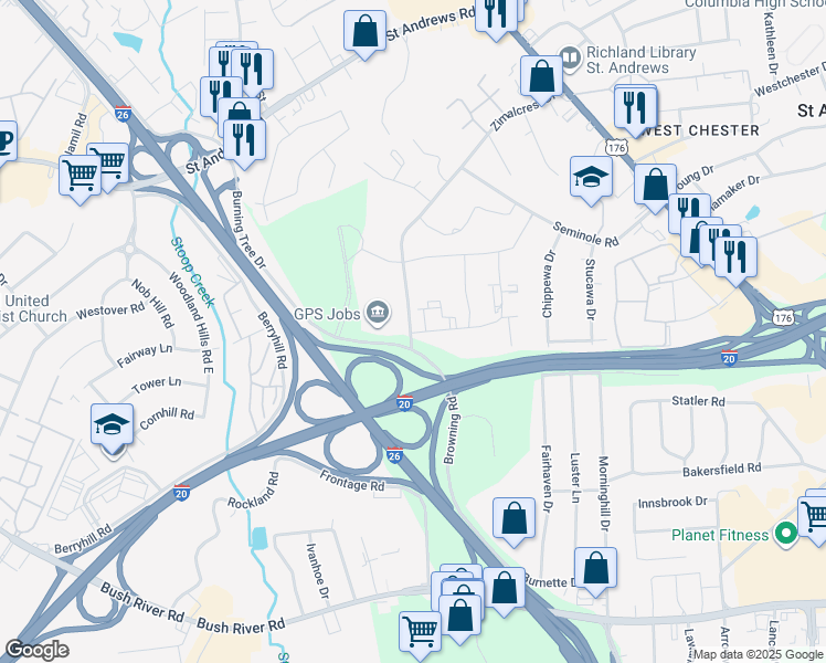 map of restaurants, bars, coffee shops, grocery stores, and more near 716 Zimalcrest Drive in Columbia