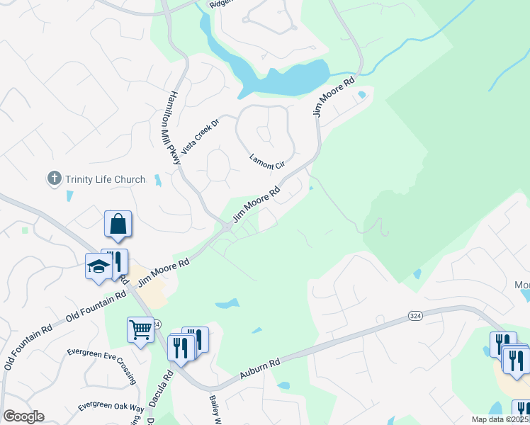 map of restaurants, bars, coffee shops, grocery stores, and more near 1304 Six Sisters Street in Dacula