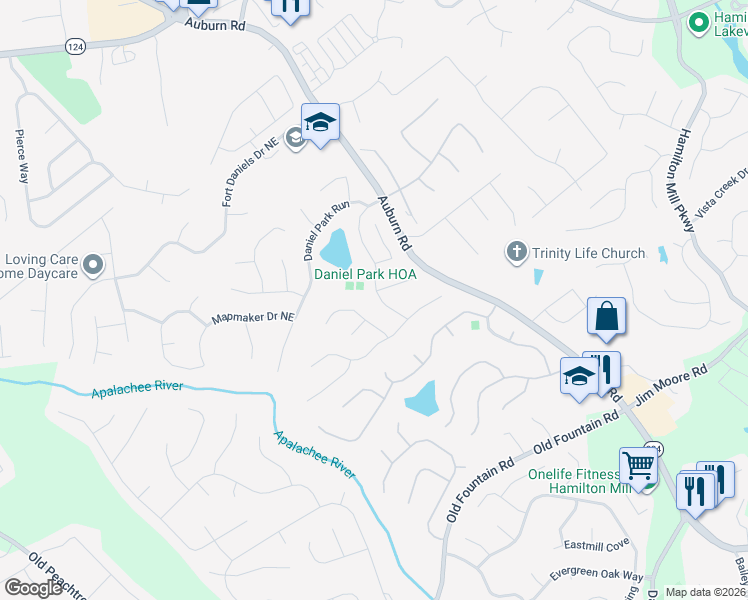 map of restaurants, bars, coffee shops, grocery stores, and more near 1560 Daniel Park Drive in Dacula