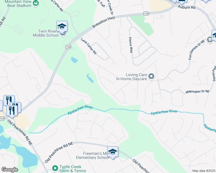 map of restaurants, bars, coffee shops, grocery stores, and more near 2424 Malden Park Drive Northeast in Buford