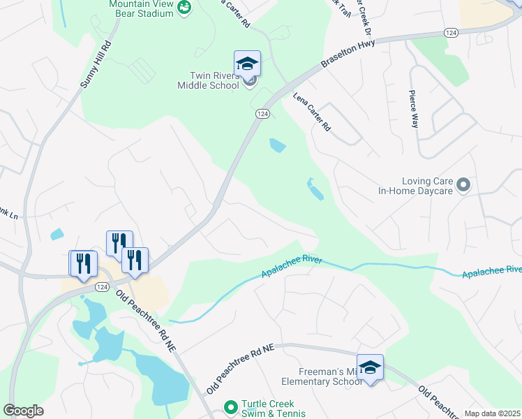 map of restaurants, bars, coffee shops, grocery stores, and more near 1867 Willoughby Drive in Buford