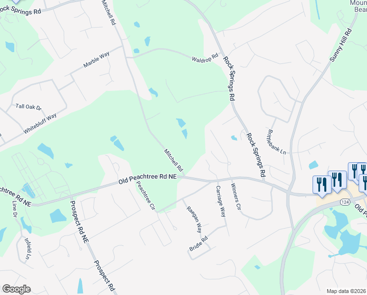 map of restaurants, bars, coffee shops, grocery stores, and more near 2225 Mitchell Road in Lawrenceville