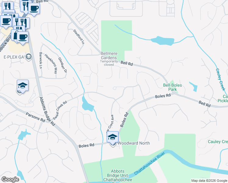 map of restaurants, bars, coffee shops, grocery stores, and more near 330 Hurst Bourne Lane in Johns Creek