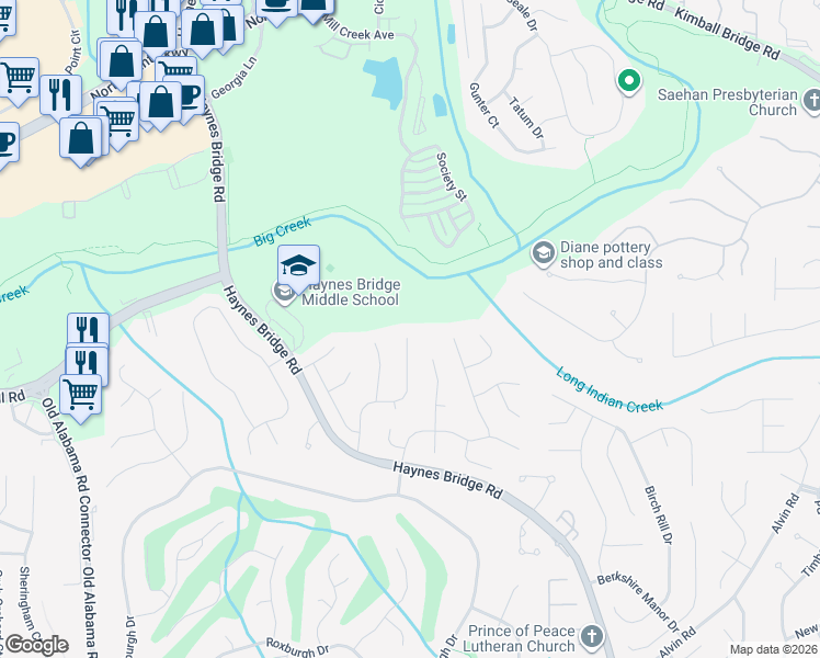 map of restaurants, bars, coffee shops, grocery stores, and more near 10655 Haynes Forest Drive in Alpharetta