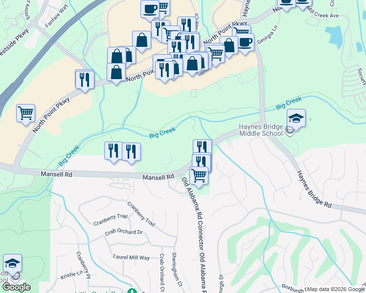 map of restaurants, bars, coffee shops, grocery stores, and more near 3780 Mansell Road in Alpharetta