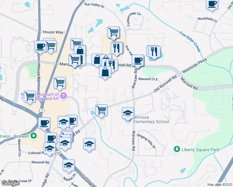 map of restaurants, bars, coffee shops, grocery stores, and more near 1218 Lowe Lane in Roswell