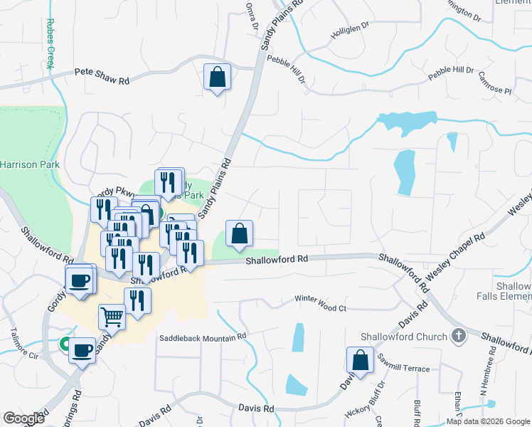 map of restaurants, bars, coffee shops, grocery stores, and more near 3234 Sweet Bay Lane in Marietta