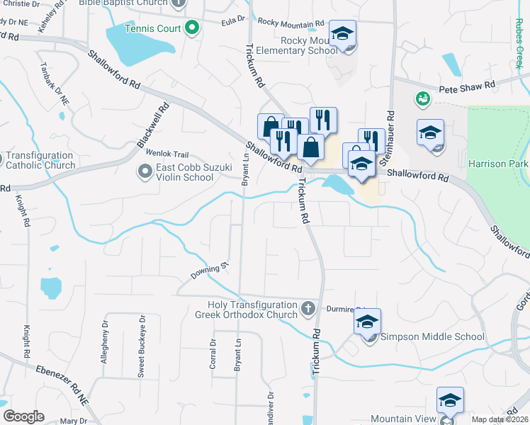 map of restaurants, bars, coffee shops, grocery stores, and more near 2280 Sims Drive Northeast in Marietta