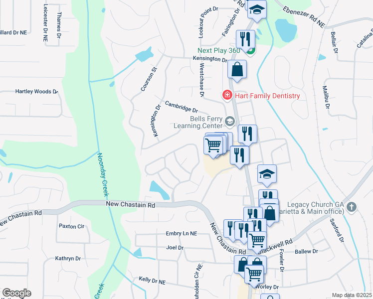 map of restaurants, bars, coffee shops, grocery stores, and more near 3463 Chastain Glen Lane Northeast in Marietta