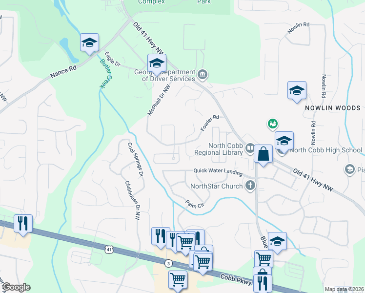 map of restaurants, bars, coffee shops, grocery stores, and more near 3497 Clubside Lane North West in Kennesaw