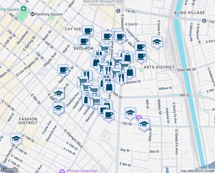 map of restaurants, bars, coffee shops, grocery stores, and more near 921 East 6th Street in Los Angeles