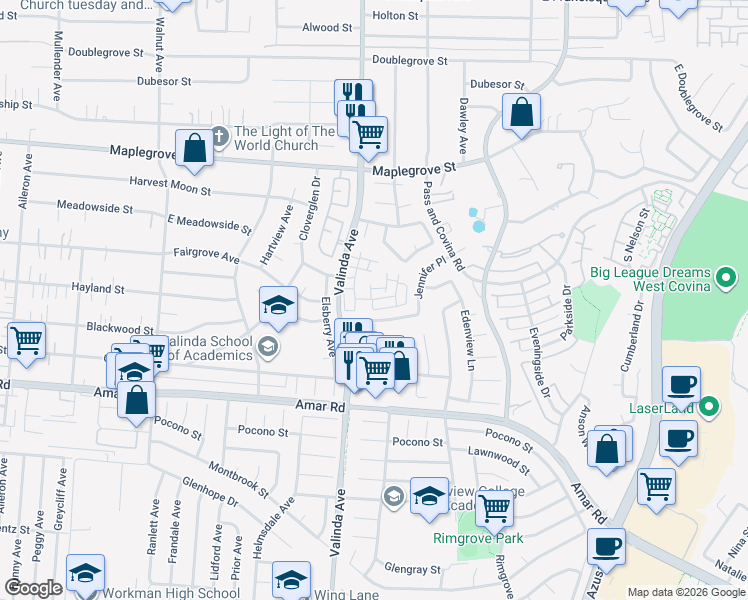 map of restaurants, bars, coffee shops, grocery stores, and more near 1901 South Summerplace Drive in West Covina