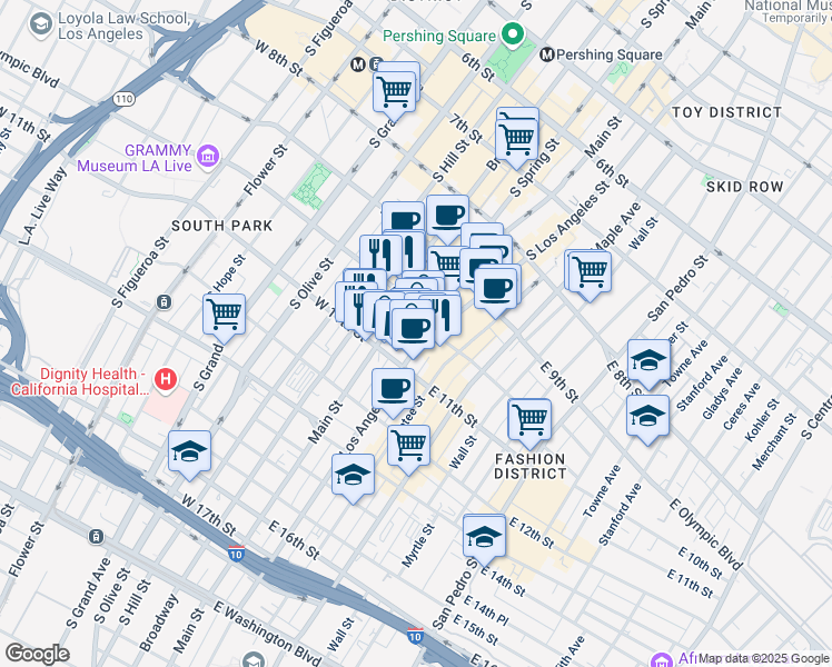 map of restaurants, bars, coffee shops, grocery stores, and more near 1017 South Los Angeles Street in Los Angeles
