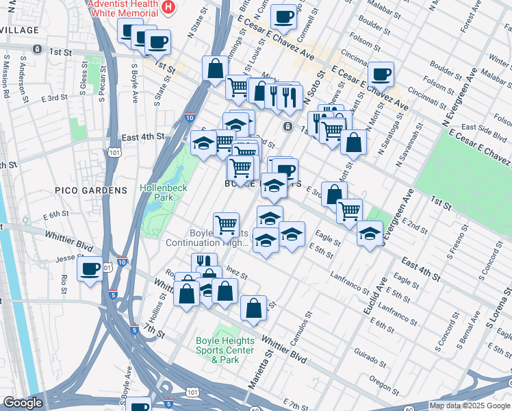 map of restaurants, bars, coffee shops, grocery stores, and more near 432 South Soto Street in Los Angeles
