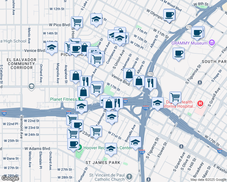 map of restaurants, bars, coffee shops, grocery stores, and more near 1711 Toberman Street in Los Angeles