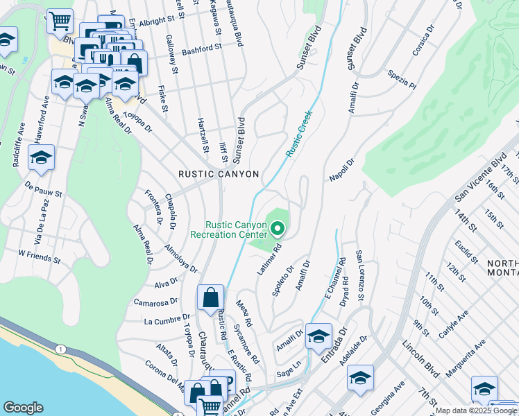 map of restaurants, bars, coffee shops, grocery stores, and more near 639 Hightree Road in Santa Monica