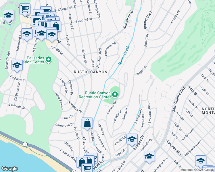 map of restaurants, bars, coffee shops, grocery stores, and more near 640 Hightree Road in Santa Monica