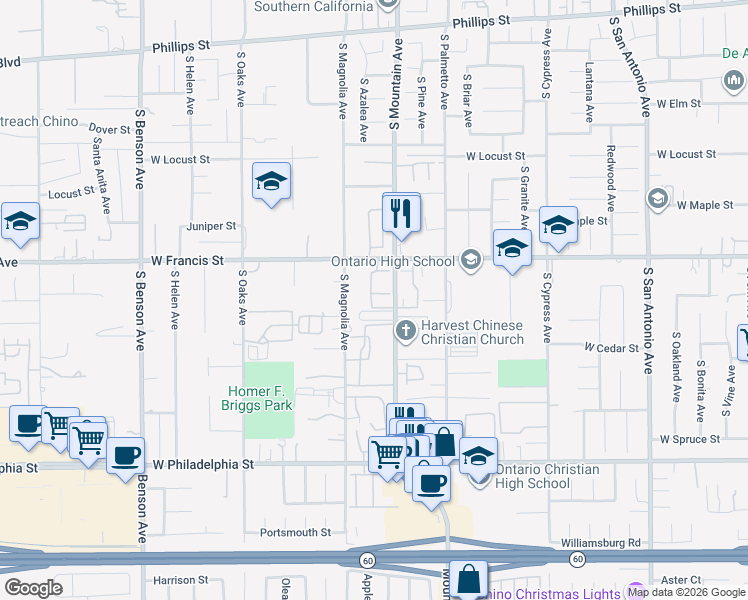 map of restaurants, bars, coffee shops, grocery stores, and more near 1115 West Francis Street in Ontario