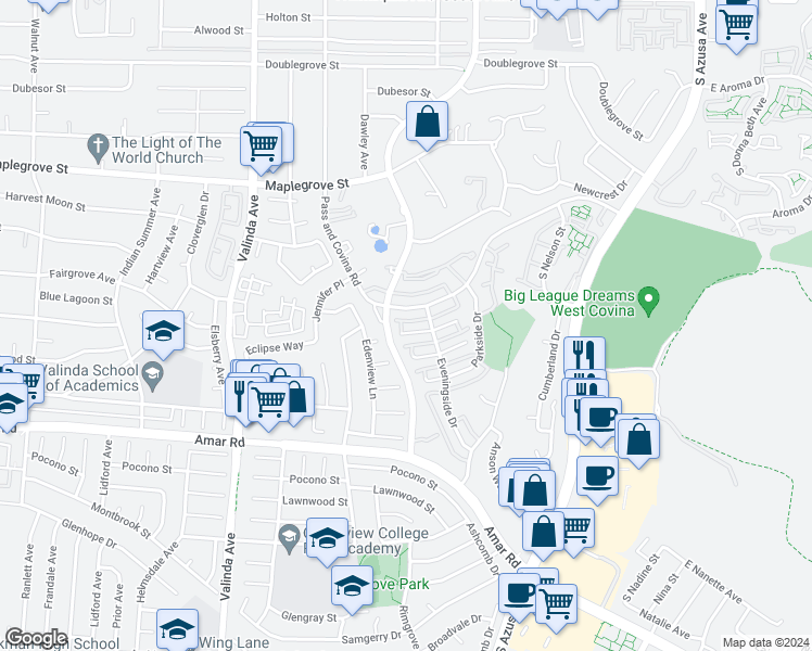 map of restaurants, bars, coffee shops, grocery stores, and more near 1313 Peppertree Circle in West Covina
